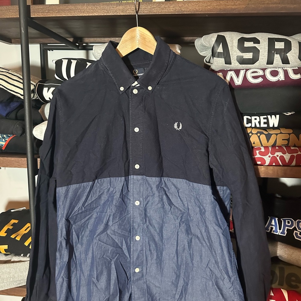 Fred Perry Navy and Blue Button-Up Shirt